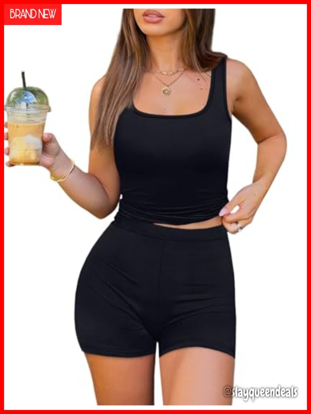 Women's Two Piece Workout Set Square Neck Tank Top & High Waist Shorts Slim Fit